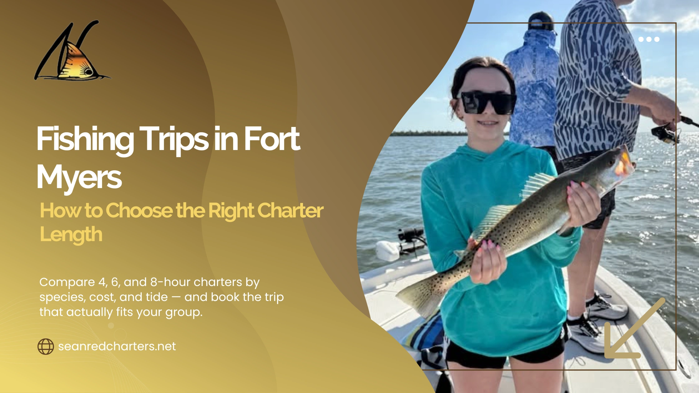 Three fishing charter boats on Fort Myers inshore water representing 4-hour, 6-hour, and 8-hour trip options at sunrise.